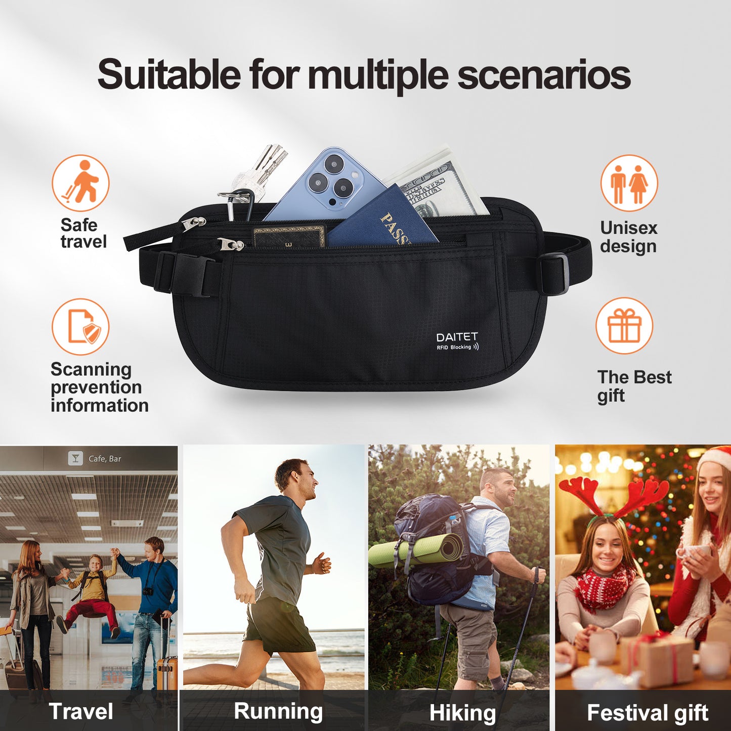 DAITET Money Belt - Passport Holder Secure Hidden Travel Wallet with RFID Blocking, Undercover Fanny Pack (Black)