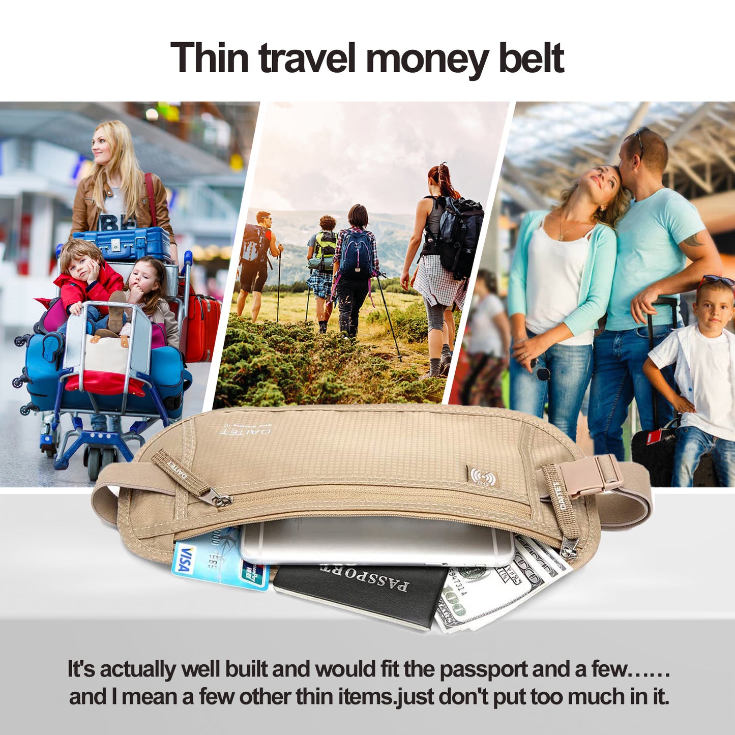 DAITET Money Belt - Passport Holder Secure Hidden Travel Wallet with RFID Blocking, Undercover Fanny Pack (Beige)