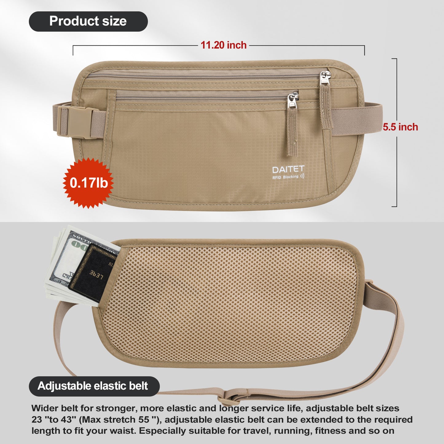 DAITET Money Belt - Passport Holder Secure Hidden Travel Wallet with RFID Blocking, Undercover Fanny Pack (Beige)